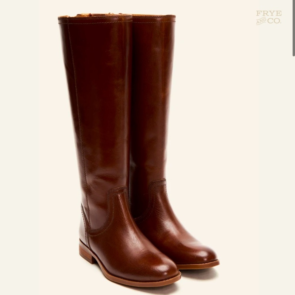 $399 Frye Jolie Back Zip Cognac Knee High Zip Up Round Toe Real Leather Boots - Picture 3 of 16